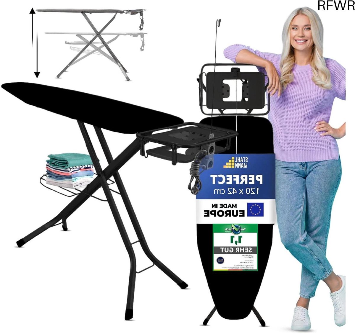 RFWR® Grote Strijkplank 120 x 42 cm – Ergonomisch Verstelbaar en TÜV-Gecertificeerd