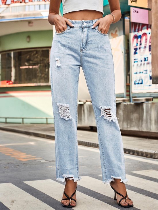 Cropped jeans voor dames, hoge taille, gerafelde, ruwe zoom, rechte pijpen, casual denim broek,Lichtblauw,XL