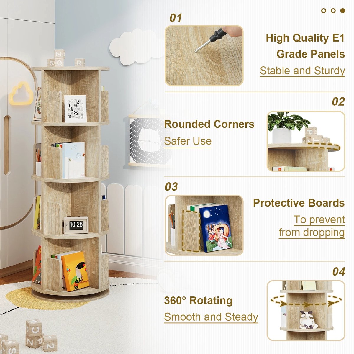 Boekenkast Kinderen Boekenplank Draaibare Boekenkast Creatief Kasteel 360 ° Roterende Boekenplank Vloerstaande Boek Opbergrek Plank Slaapkamer (Color : Blanc, Size : 45x45x108cm