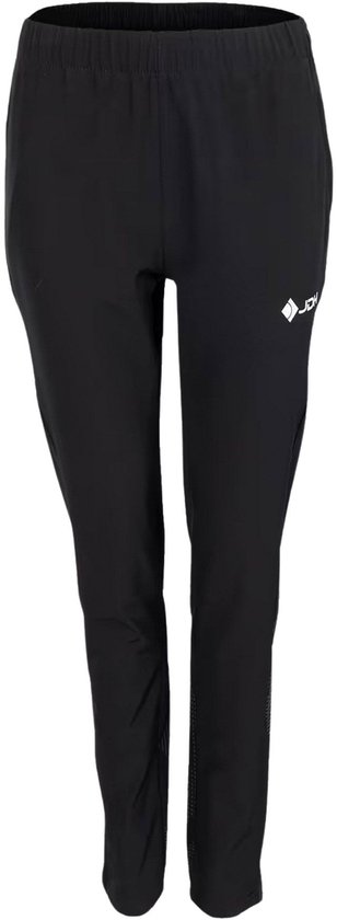 Pantalon d'entraînement noir avec ceinture élastique, logo blanc et imprimé en grille sur le bas des jambes.