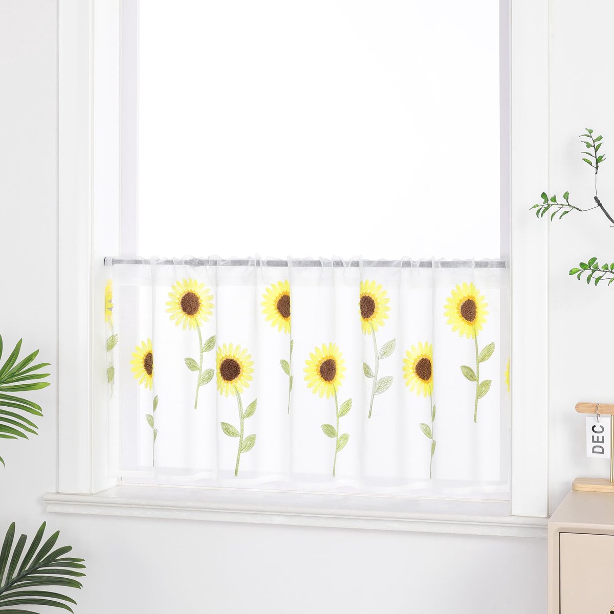 Ibenzoa Stijlvol geborduurd keukengordijn met zonnebloem design voor een landelijk interieur wit