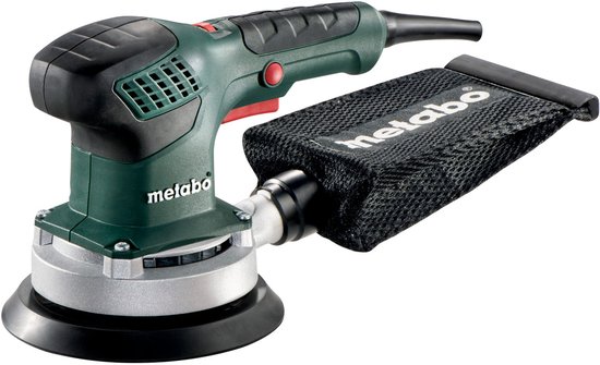 Groene Metabo excentrische schuurmachine met zwarte stofzak.