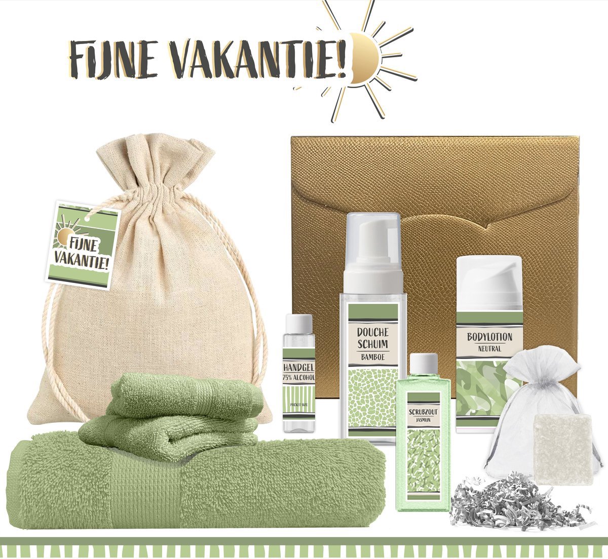 Goedkoopste Geschenkset “Fijne vakantie!” - 9 producten - 800 gram | Wellness Vakantiepakket - Groot Strandlaken - Luxe Giftset Strand Badlaken - Cadeau voor haar - Zomer Cadeaupakket - Vakantie Pakket - Medewerkers Zorgwerkers Vrijwilligers - Gift Goud Groen