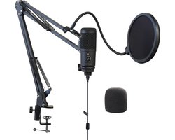 Microfoon met arm - USB - Gaming - Podcast - PC - Met plopkap en ruisfilter - Zwart - Vivid Green