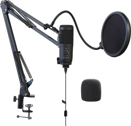 Microfoon met arm - USB - Gaming - Podcast - PC - Met plopkap en ruisfilter - Zwart - Vivid Green