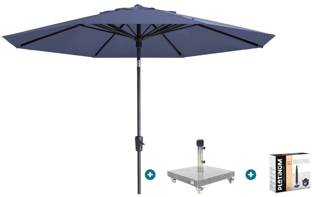 Madison Paros 2 Luxe stokparasol 3 m. rond - Safier blue met Sevilla voet en hoes