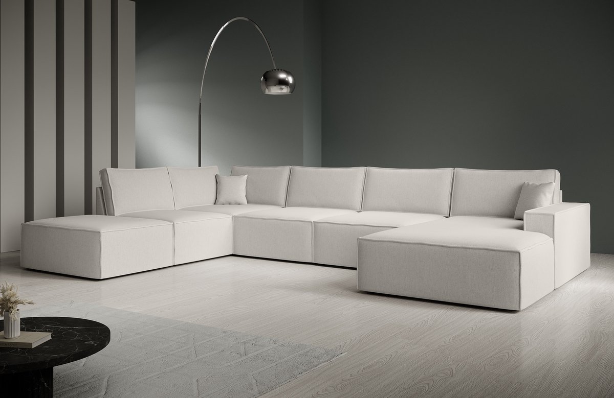 Meubella - Manolo - Hoekbank 5-zits met chaise longue - Stof beige - Rechts