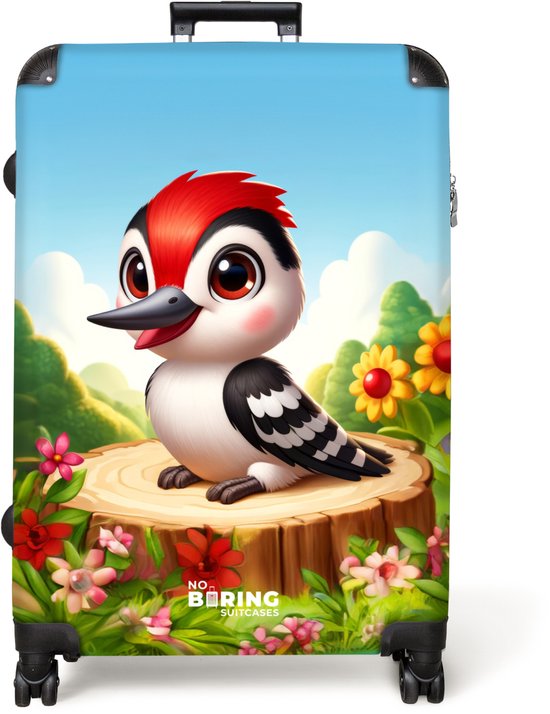 Grote koffer met een cartoon specht met rode kuif, zittend op een boomstronk, omringd door bloemen en groen.