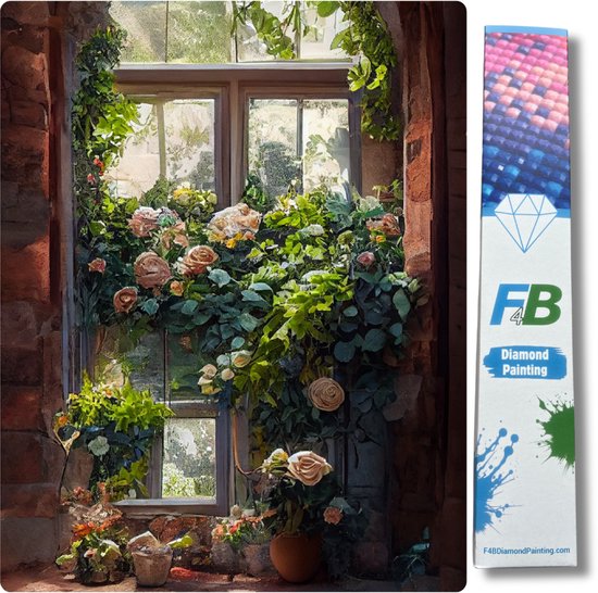Peinture diamant de fleurs à la fenêtre, 30x40 cm, avec emballage du produit.