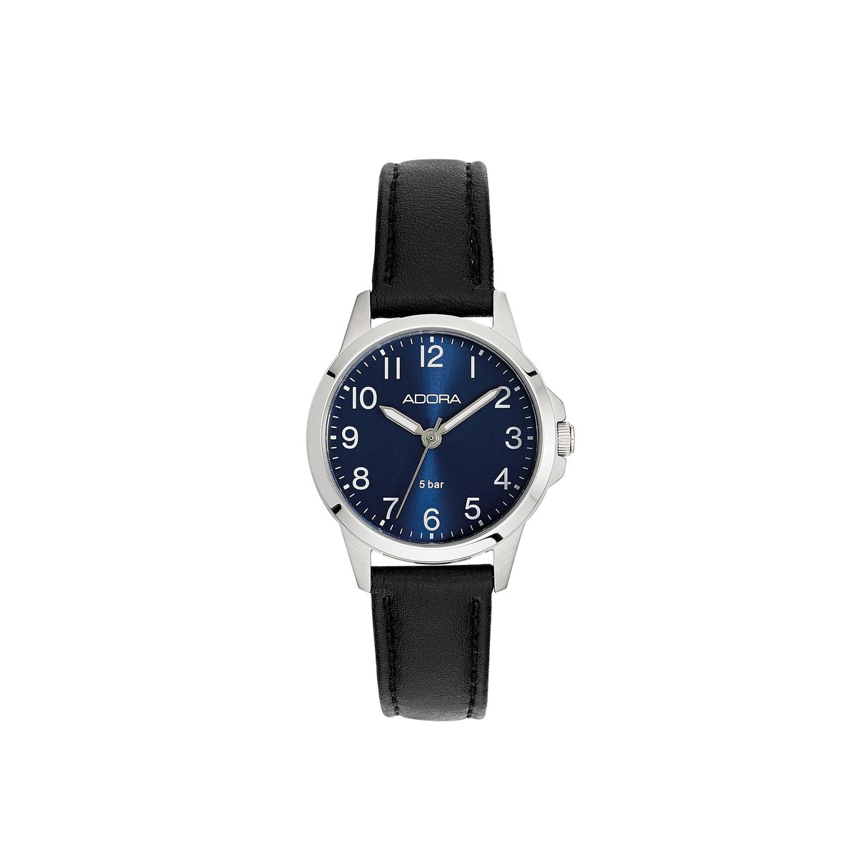 Adora Dameshorloge AB6663 - 29 mm - Donkerblauwe Wijzerplaat - Zilverkleurige Kast - Zwarte Leren Band - 5 BAR Waterdicht