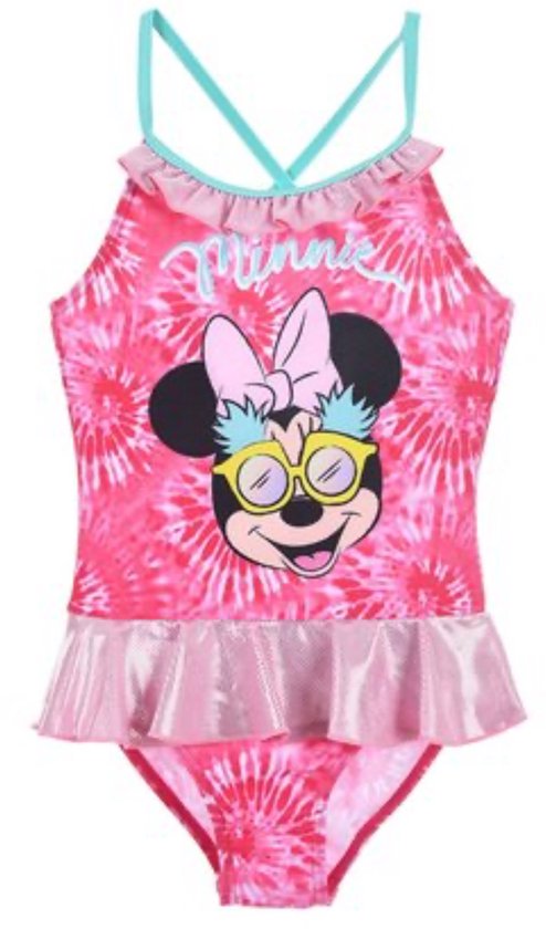 Roze badpak met Minnie Mouse print, strikje en gespen. Tie-dye patroon met ruches.