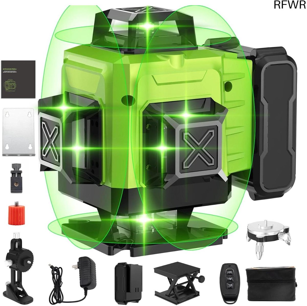 RFWR® Kruislijnlaser Groen 16 Lijnen – 4 x 360° Zelfnivellerend met Afstandsbediening en Instelbare Helderheid