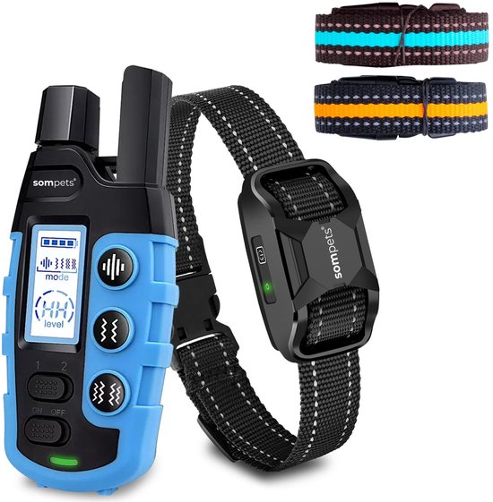 Sompets® Anti Blafband voor Honden – Anti Blaf Apparaat met Afstandsbediening – Zonder Schok – Oplaadbaar – Geluid & Vibratie – Incl. E-book & 2 Extra Halsbanden – Blauw