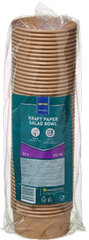 Stapel van 50 bruine kartonnen saladebakjes met etiket in transparante verpakking.