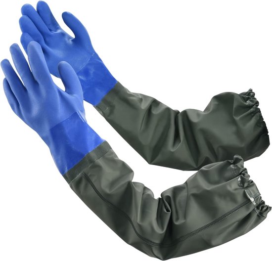 Gants imperméables SNQ - Gants longs imperméables - Réutilisables - Doublure en coton - Style élastique - Imperméables / Résistants à l'huile, aux acides et aux alcalis - 70 cm - Blauw
