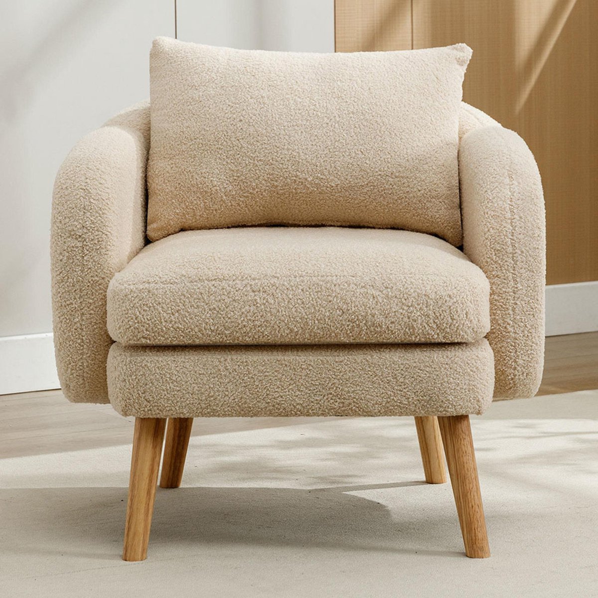 Pugsdrly Moderne en sobere fluwelen fauteuil met kussens, fauteuil met extra dikke kussens, eenvoudige fauteuil, gestoffeerde fauteuil, relaxfauteuil, stoel met massief houten poten