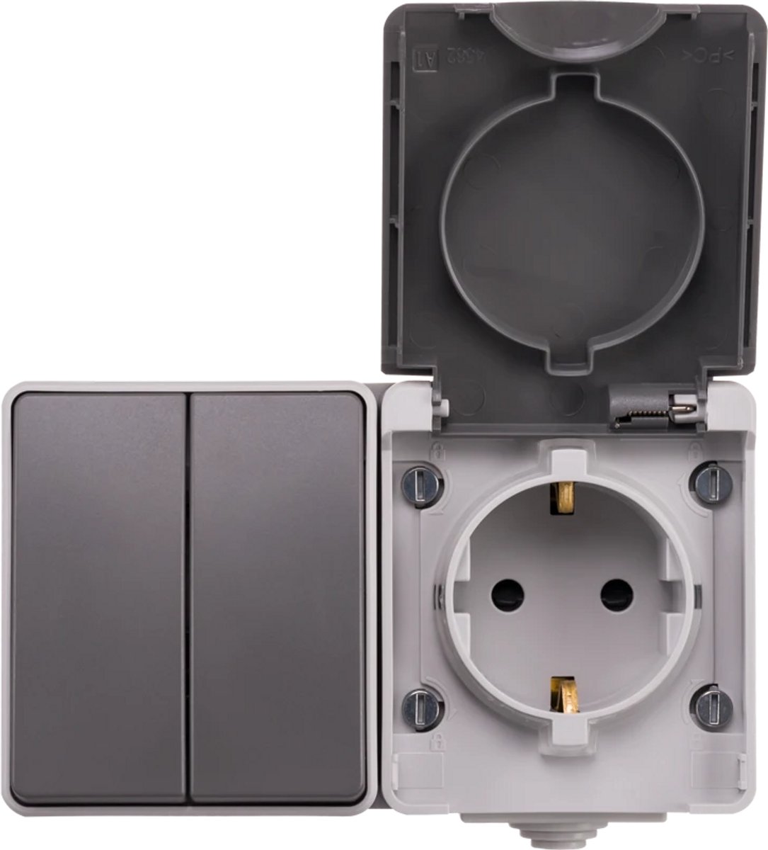 Opbouw Combi wandcontactdoos en serieschakelaar | IP55 - Grijs