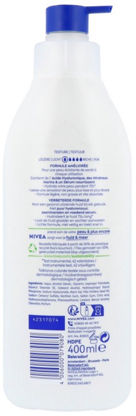 NIVEA Express Bodylotion met Pomp - Voor Normale tot Droge Huid - Hyaluronzuur en Voedend Serum - 72H Hydraterende Lotion - 400 ml