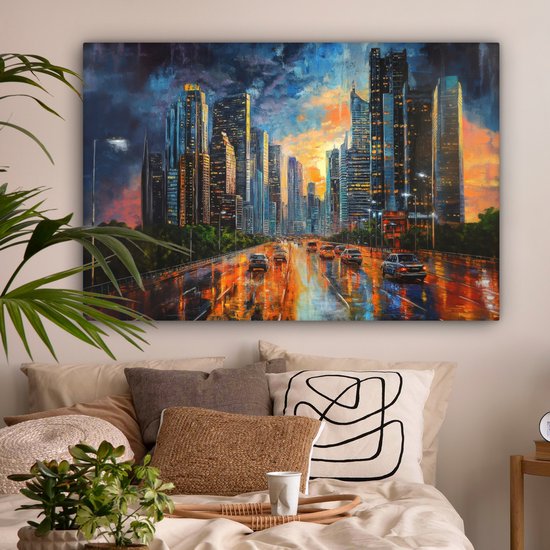 Tableau sur toile 140x90 cm - Décoration murale exclusive Voiture - Bâtiments - Soleil - Blauw - Décoration murale salon - Décoration chambre - Accessoires chambre - Peintures sur toile