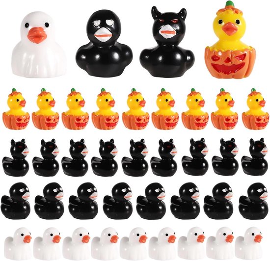 Allecto Plus - 80 Halloween Mini Hars Eenden Set met Pompoen, Spook, Skelet en Vleermuis - Tuin Ornament Halloween Feest Gunst - Decoratie voor Halloween - Miniatuur Eenden