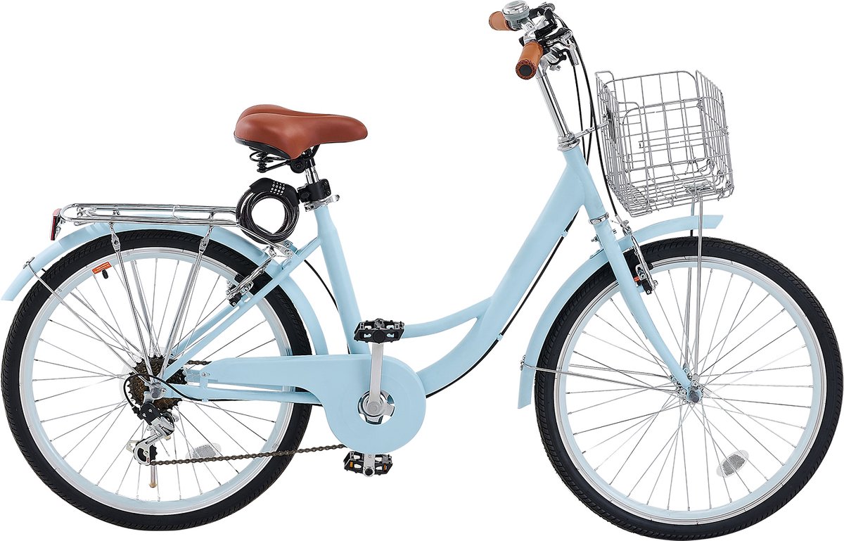 Cruiser Fiets, 7 Versnellingen 66 Cm Frame - Lichtblauw Met Mand en Bagagedrager - Duurzame Fiets voor Dagelijks Gebruik