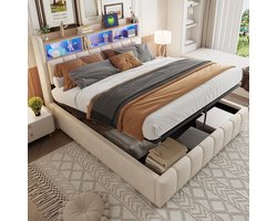 PugsdrlyGestoffeerd bed 180*200 cm met ledverlichting en USB-aansluiting, hoofdeinde met planken en opbergruimte, met hydraulisch systeem voor opbergen, tweepersoonsbed voor volwassenen, beige linnen stof