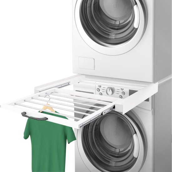 Tussenstuk voor Wasmachine & Droger - Stapelkit - Met uitschuifbare plank - Universeel - Droogkast - Meubel - incl. trildempers en spanband - Skoov