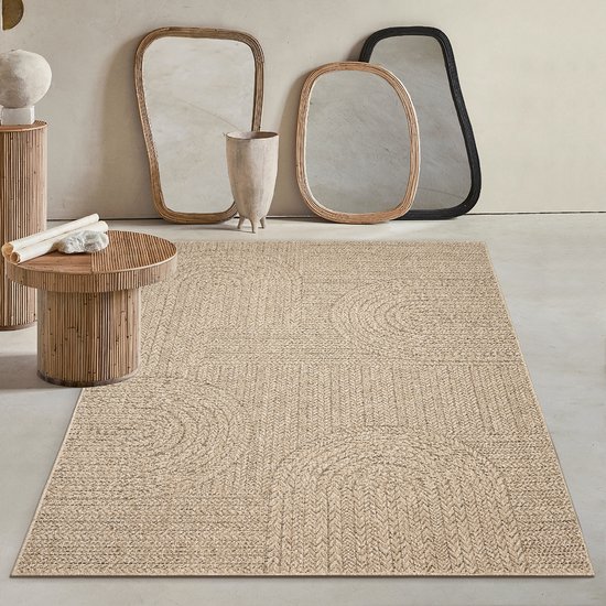 Mia's Teppiche Soil - Tapis d'intérieur et Plein air robuste, aspect jute naturel avec motif circulaire, résistant aux intempéries, adapté aux terrasses et aux jardins, 140 x 200 cm