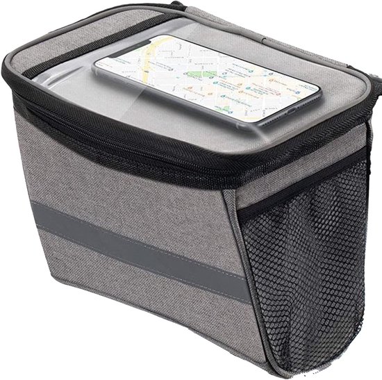 Sacoche de guidon de vélo grise avec support smartphone avec carte et bande réfléchissante.