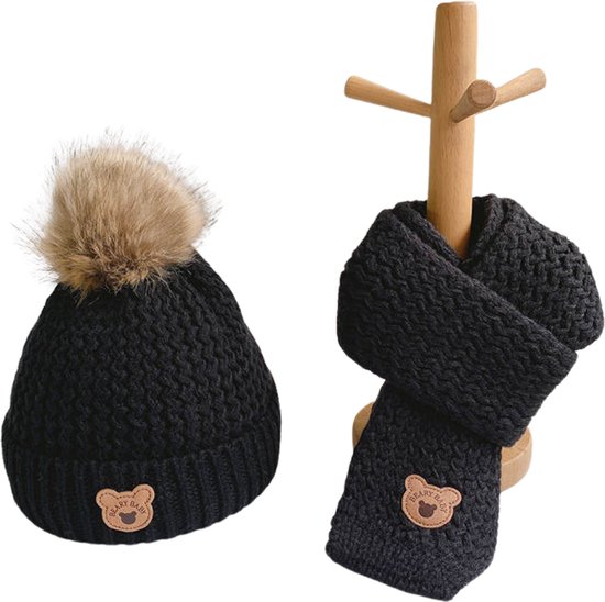Baby Muts & Sjaal - Baby Muts - Babymutsje - Muts Jongen - Muts Meisje - 1 tot 6 jaar - Zwart