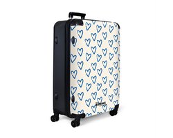 NoBoringSuitcases.com NoBoringSuitcases.com® - Koffer groot - Reiskoffer lichtgewicht - Wit met blauw hartjes patroon - Rolkoffer met 4 wielen - Grote trolley XL - 98 liter bagage