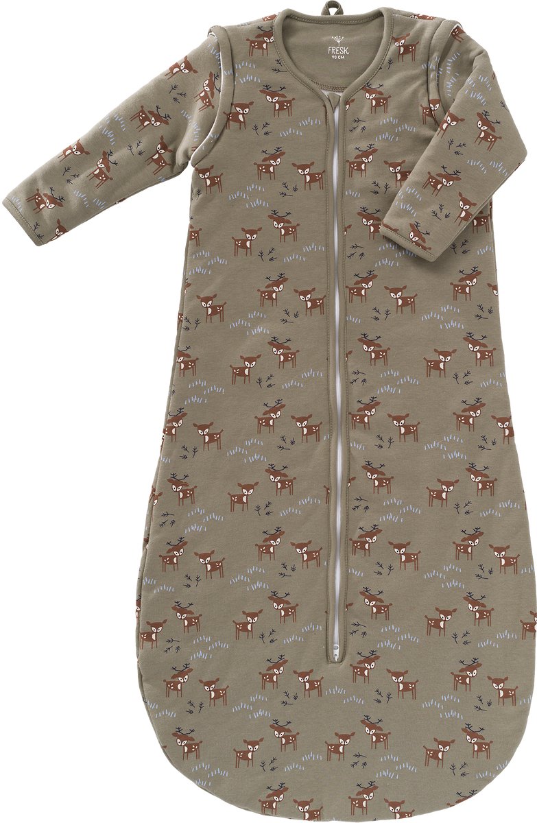 Fresk Slaapzak Baby Winter - 0-6M - 70 cm - Afritsbare Mouwen - Interlock met Lichte Voering - Biologisch Katoen - Zacht en Ademend - TOG 2.8 - Olijfgroen - Deer Olive