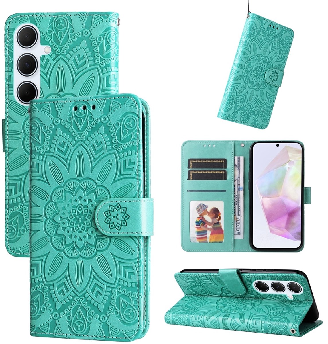 PU BoekCover Hoes Etui geschikt voor Samsung Galaxy A37 - A36 - A56 Groen - Bloem-Motief in Reliëf