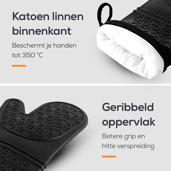 Zwarte ovenwant met katoen linnen binnenkant en geribbeld oppervlak voor betere grip. Beschermt tot 350 °C.