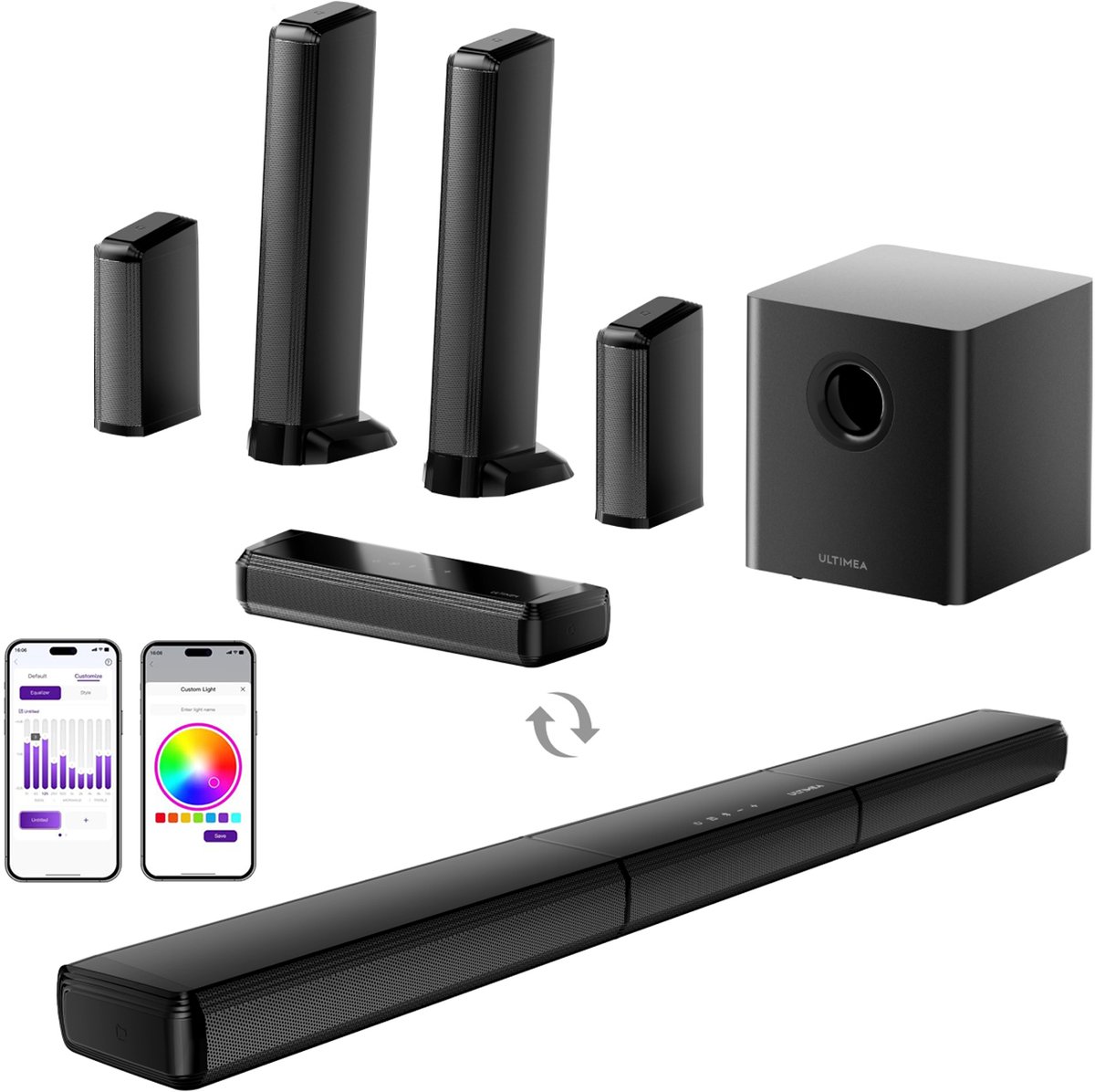ULTIMEA Soundbar - 7.1 Surround Soundbar met RGB-verlichting, Draadloze Subwoofer & Afneembare Speakers - Smart App-besturing - Home Cinema & Gaming - Zwart - ULTIMEA - €219,99