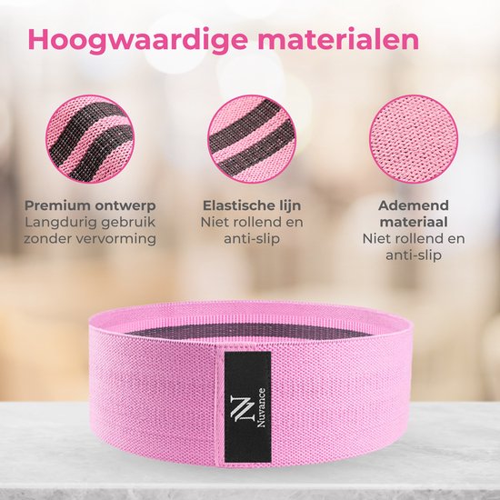 Roze Nuvance weerstandsband met zwart-roze gestreepte detail en zwart logo.