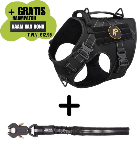 Harnais noir pour chien avec poignées et boucles, plus un support de laisse supplémentaire. Patch de nom gratuit.