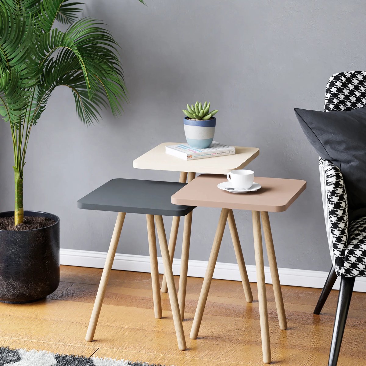 ROSA - Salontafelset - Bijzettafel Set van 3 - Nestbare - Nesttafels - Houten Poten - Gemengde kleur - Antreciet - Creme - Cappuccino