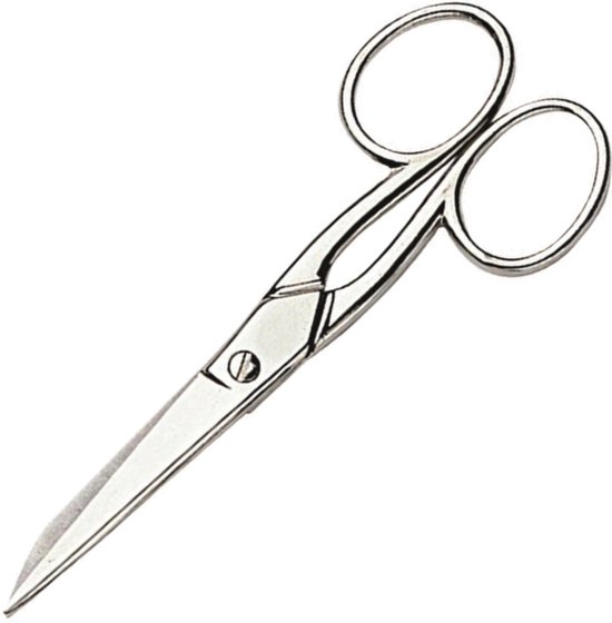 Zilverkleurige huishoudschaar van RÖR Solingen, traditioneel model, lengte 15 cm, RVS.