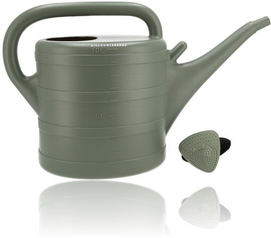 Grijze kunststof gieter van 10 liter met maatstrepen en een losse sproeikop.