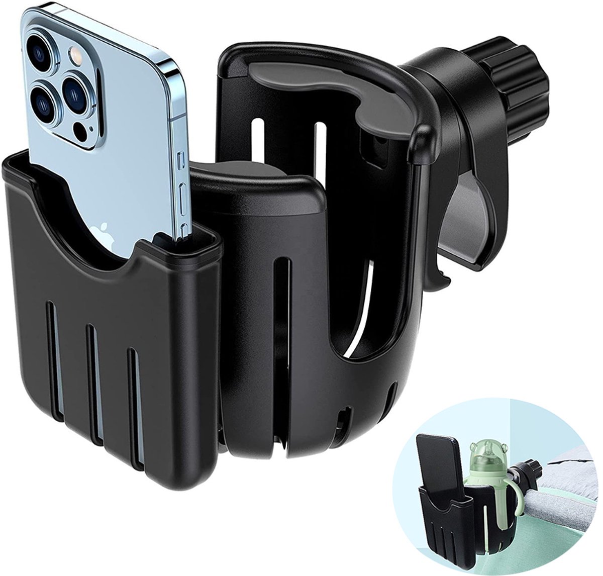Universele bekerhouder - voor kinderwagens - met telefoonhouder - bekerhouder voor fietsen - 2-in-1 bekerhouder - telefoonhouder en organizer voor kinderwagenaccessoires - eenvoudig te installeren en te verwijderen