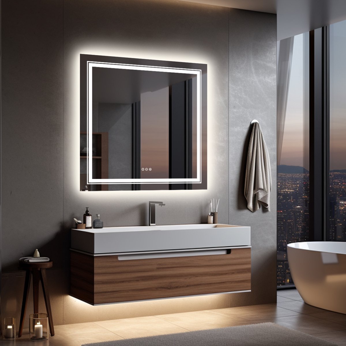 LUVODI Verlichte LED badkamerspiegel - 800x800mm dimbare verlichte spiegel - achtergrondverlichting + voorlicht - aanraaksensor en verwijderpad - IP65 waterdicht - vierkante make-upspiegel voor wandmontage