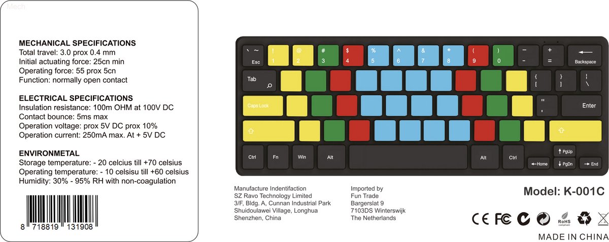 K001C Mini Toetsenbord, QWERTY (US), Typecursus, Blind Toetsenbord, Ergonomisch en Ultradun, Zwart, Met draad, USB-C, USB aansluiting, Mac + Windows thumbnail 3