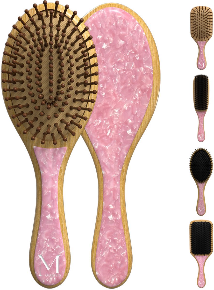 Moonie's Bamboe Haarborstel - Rond - Anti-klit - Acetaat - Roze