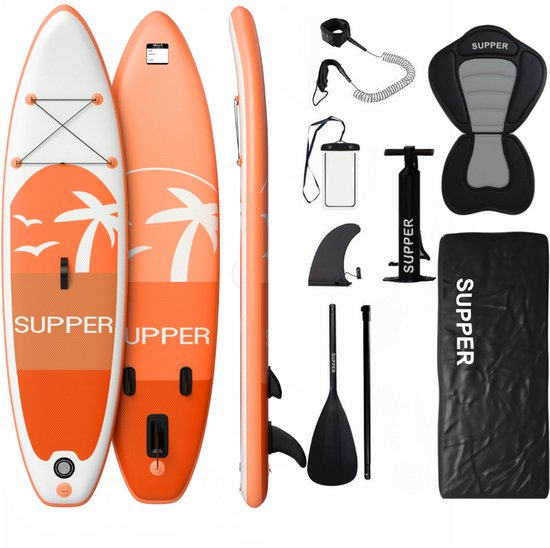 Supper Sup Board XL - Max. 220KG - Opblaasbaar – Paddle Board – Waterdicht Telefoonhoesje – Zitje - Pomp – Vin – Leash – Draagtas – 335 x 81 cm - Oranje