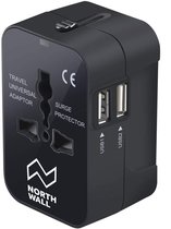 Universele Wereldstekker met 2 USB Poorten - Internationale Reisstekker voor 150+ Landen - Engeland (UK), Amerika (USA), Afrika, Zuid Amerika, Wereldstekkers - Zwart