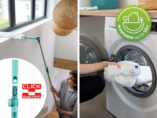 Une femme utilise un plumeau avec manche pour nettoyer des fenêtres et met le plumeau dans une machine à laver.