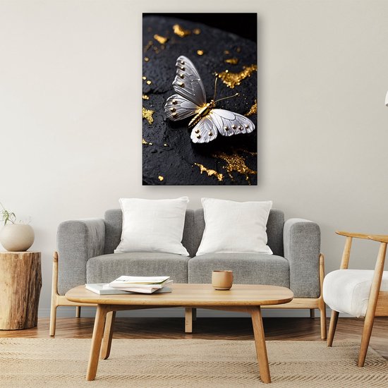 Papillon argenté sur pierre noire - Peintures sur verre papillon - Art mural animaux - Hyperréalisme - Art sur plexiglas - Peintures sur verre uniques - verre acrylique 30x45 cm