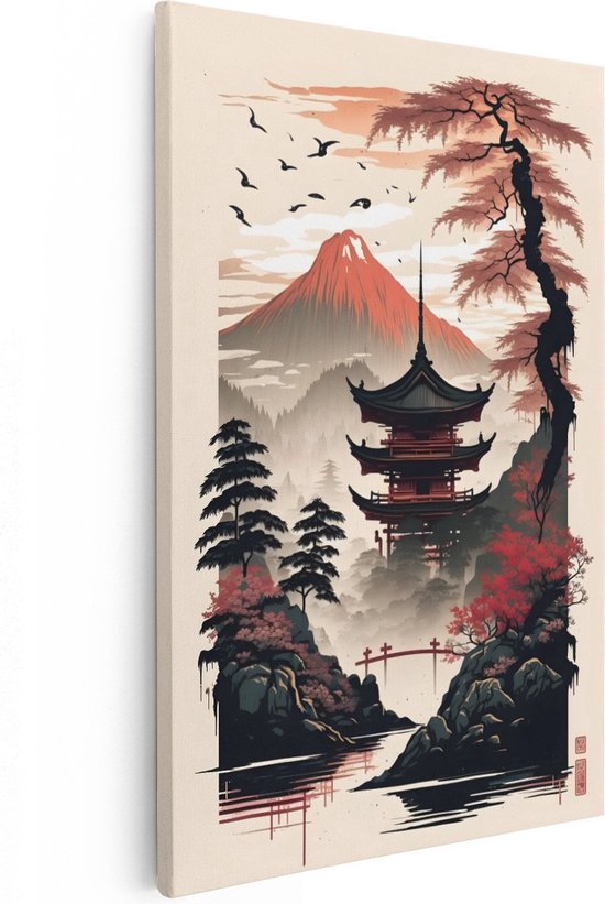 Canvas schilderij met een Japans landschap, tempel, rode berg en bomen.