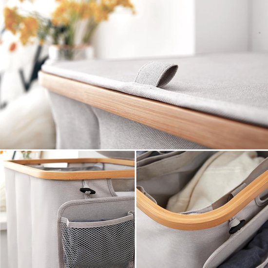 Wasmand – 3 vakken – beige met tekst – 90 liter – 60 cm hoog